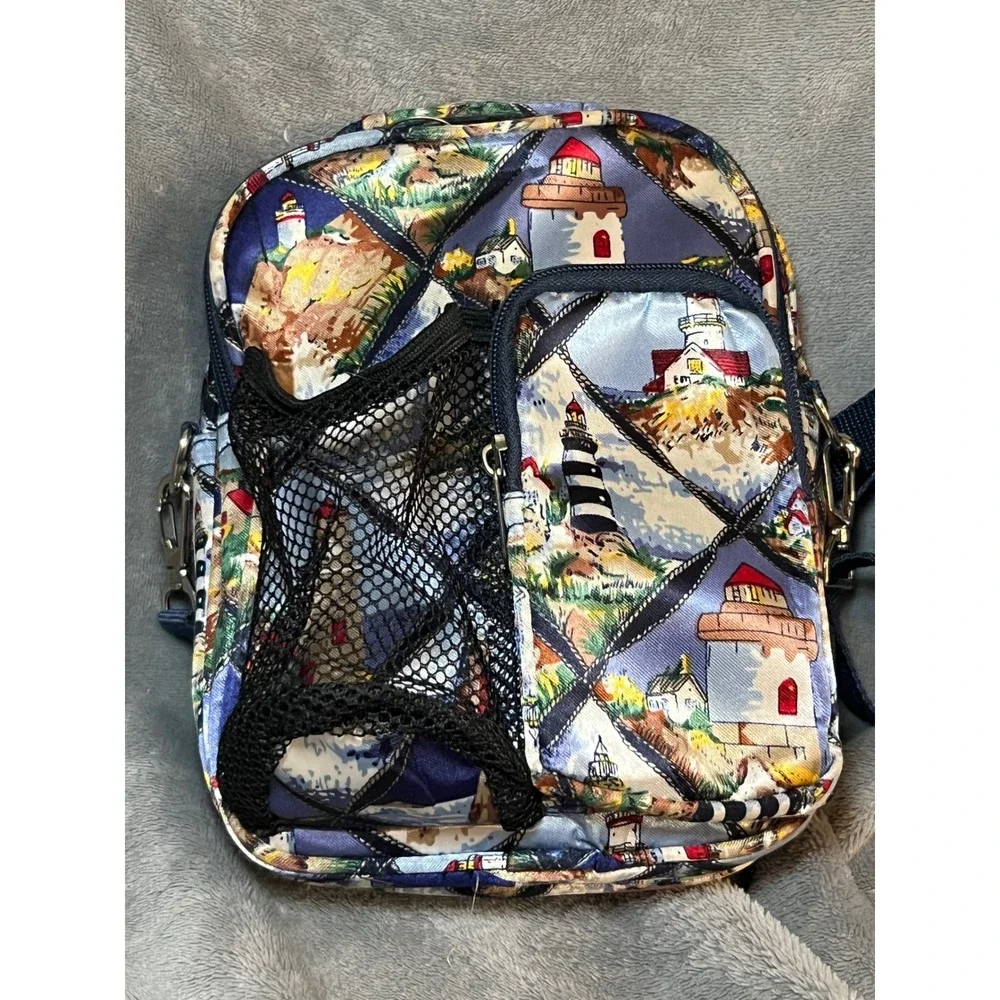 Quilted Lighthouse Crossbody Bag Coastal Nautical Organizer Purse Blue
